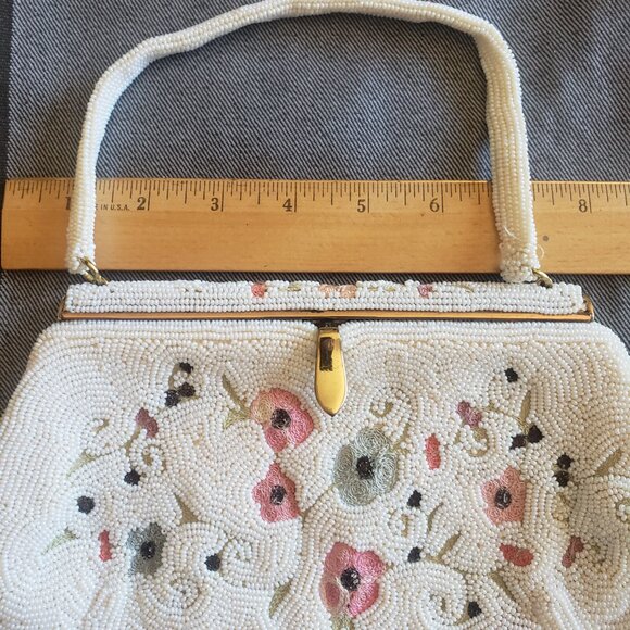 "Bag by Josef" Hand Made Vintage Handbag, from Belgium, White and Floral Beads - Picture 8 of 8